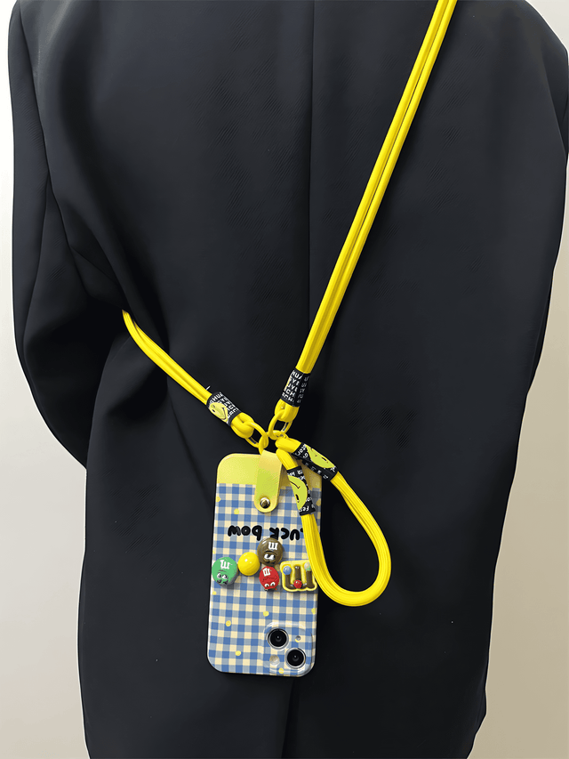 Luck Bow Blue Grid with M&M Charms and Yellow Hand Strap & Lanyard