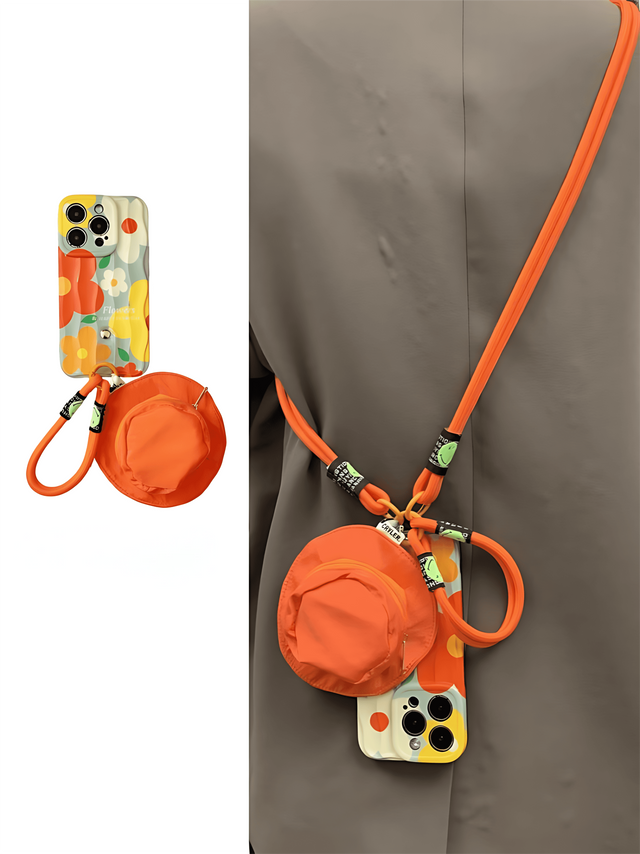 Colorful Floral with Orange Fisherman Hat Pouch Hand Strap & Lanyard