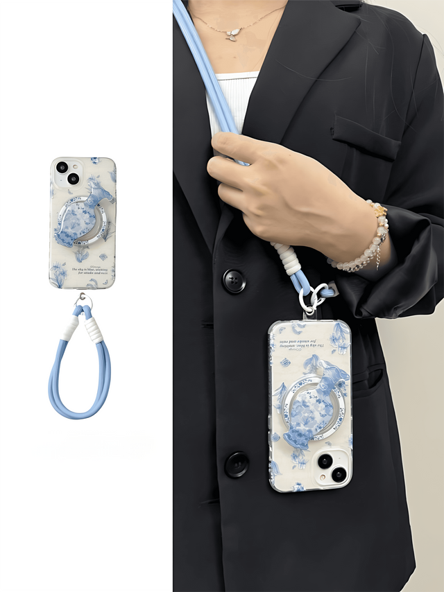 Porcelain Phone Case with Vase Magnetic Stand Hand Strap & Lanyard