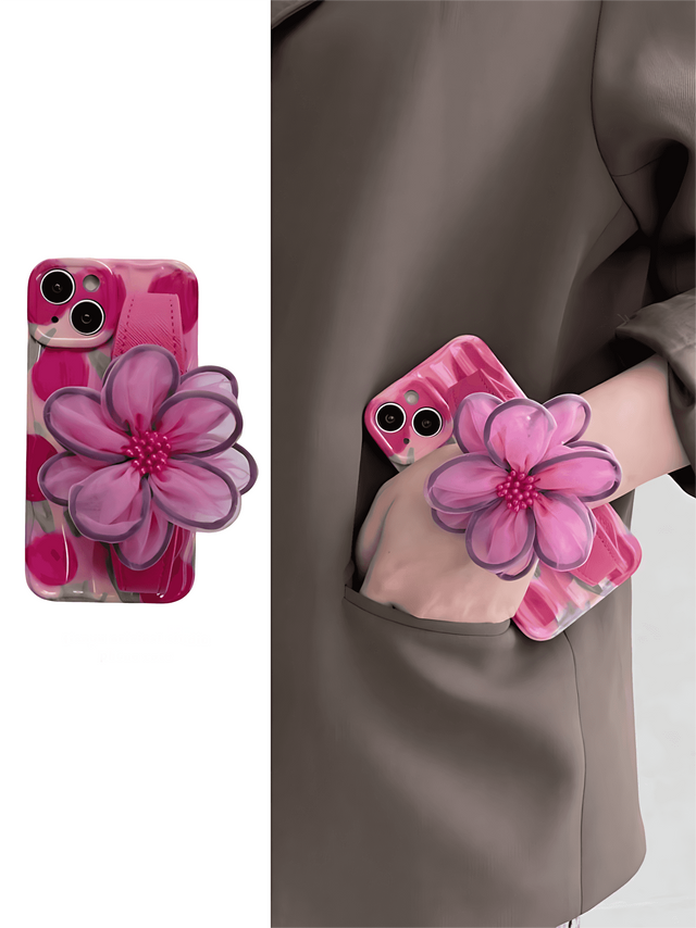 Tulip Wave Phone Case with Mesh Flower Wrist Strap Lanyard