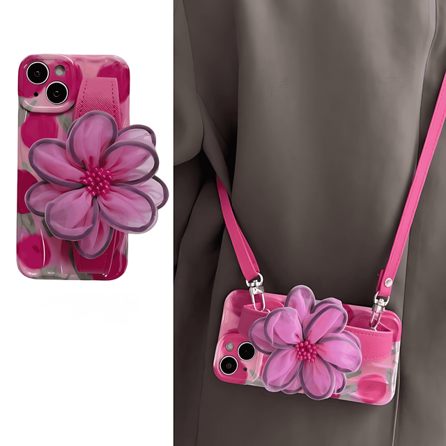 Tulip Wave Phone Case with Mesh Flower Wrist Strap Lanyard