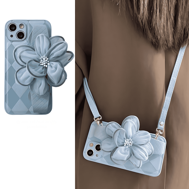 Blue Quilted Leather Case with Chiffon Flower Wrist Strap & Lanyard