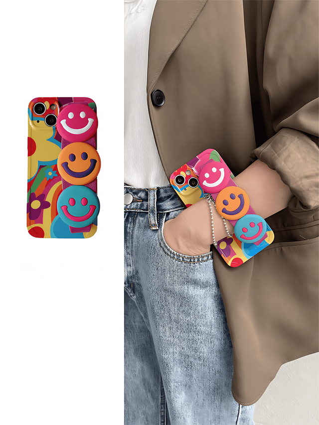 Colorful Flower Graffiti with Triple Smiley Face Wrist Strap & Leather Lanyard