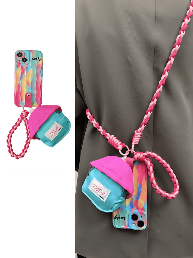 Colorful Wave with Mushroom Pouch Braided Hand Strap & Crossbody Lanyard