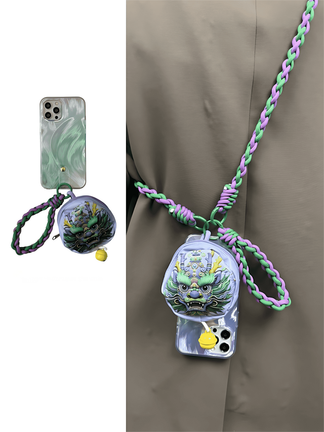 Mint Green Gradient with Purple Dragon Pouch Braided Strap & Lanyard