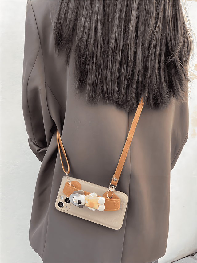 Beige Leather Texture Case with Dog Wrist Strap & Crossbody Lanyard