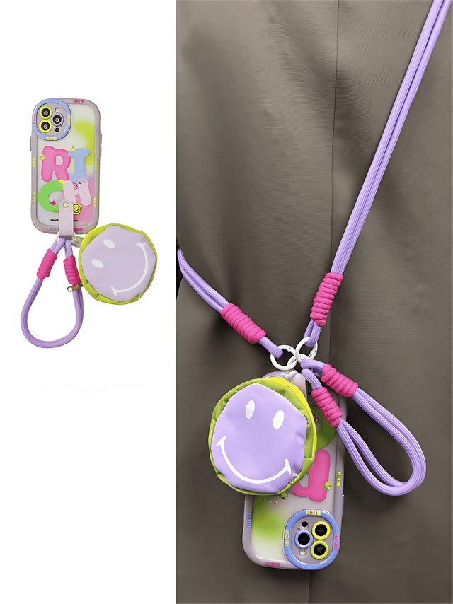 Pastel Puff Soft Case with Smiley Face Pouch & Lanyard Strap