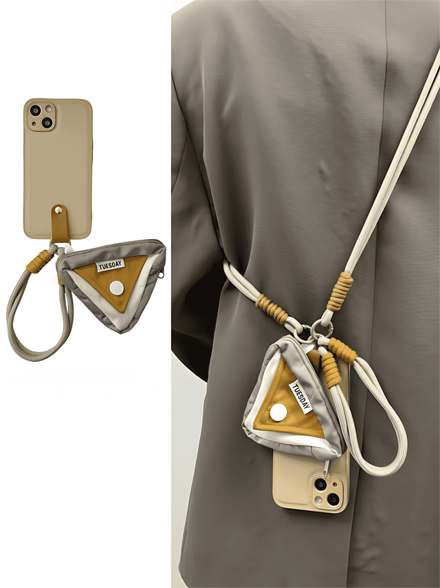 Khaki Leather Textured Case with Triangle Pouch & Beige Lanyard Strap