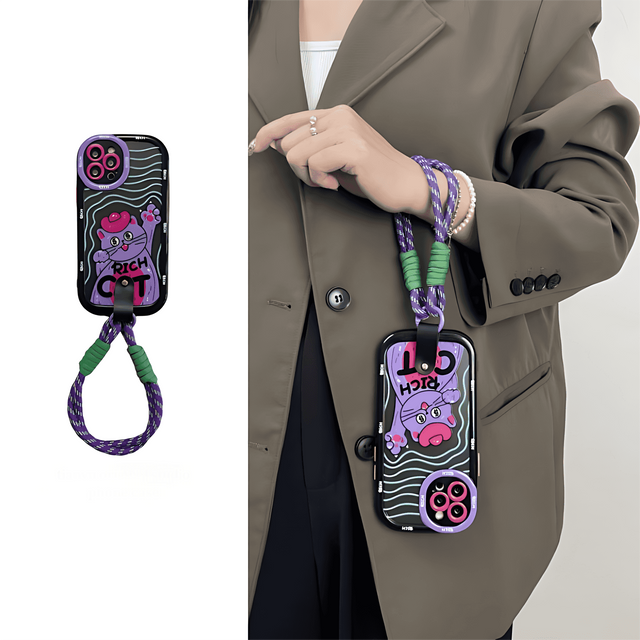 Black and Purple Rich Cat Case with Monster Triangle Pouch Strap Lanyard