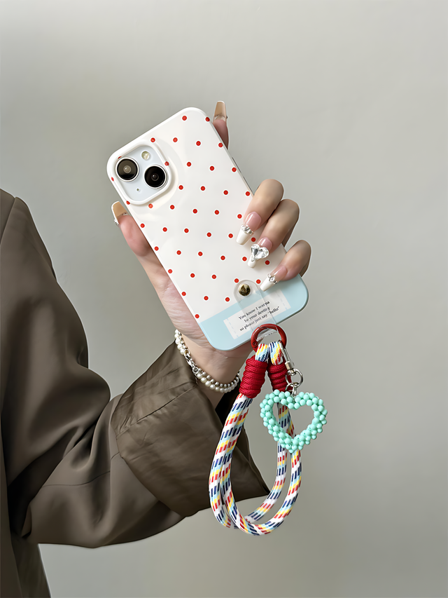 Polka Dot Heart Phone Case with Colorful Strap and Lanyard