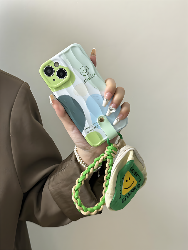 Étui de téléphone à motif de vagues bleu vert avec pochette triangulaire et cordon tressé