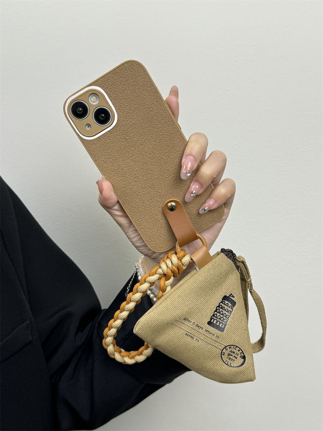 Khaki Plush Texture Phone Case with Geometric Pouch and Braided Crossbody Lanyard