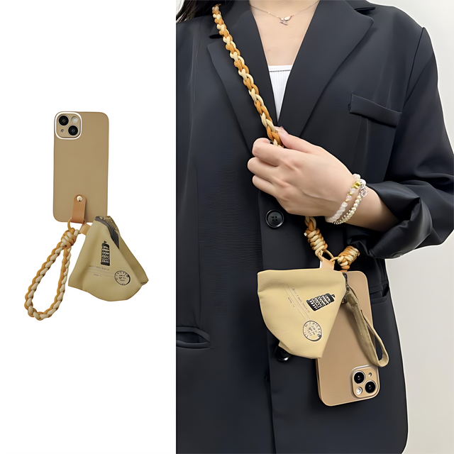 Khaki Plush Texture Phone Case with Geometric Pouch and Braided Crossbody Lanyard