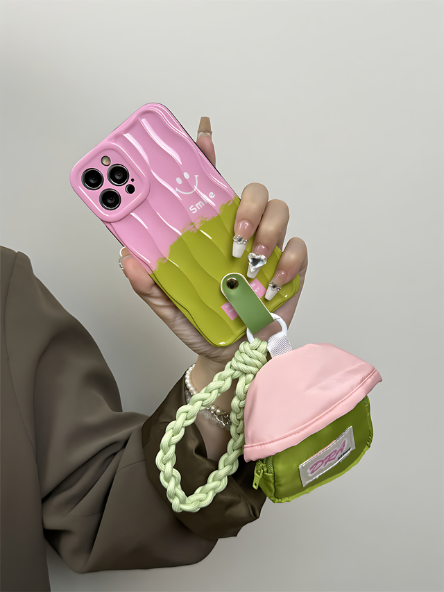 Pink and Green Color-Block Glossy Phone Case with Mushroom Pouch and Braided Crossbody Strap