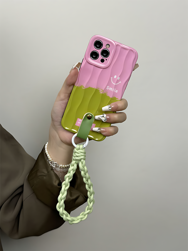 Pink and Green Color-Block Glossy Phone Case with Mushroom Pouch and Braided Crossbody Strap