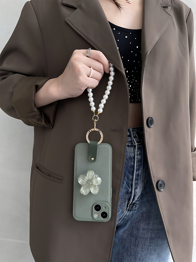 Olive Green Velvet Moon Textured Transparent Flower Stand Pearl Bracelet Strap Leather Crossbody Strap