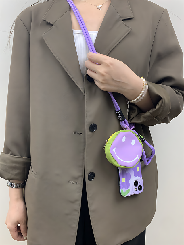 Purple Floral Wavy with Smiley Face Round Bag Crossbody Lanyard