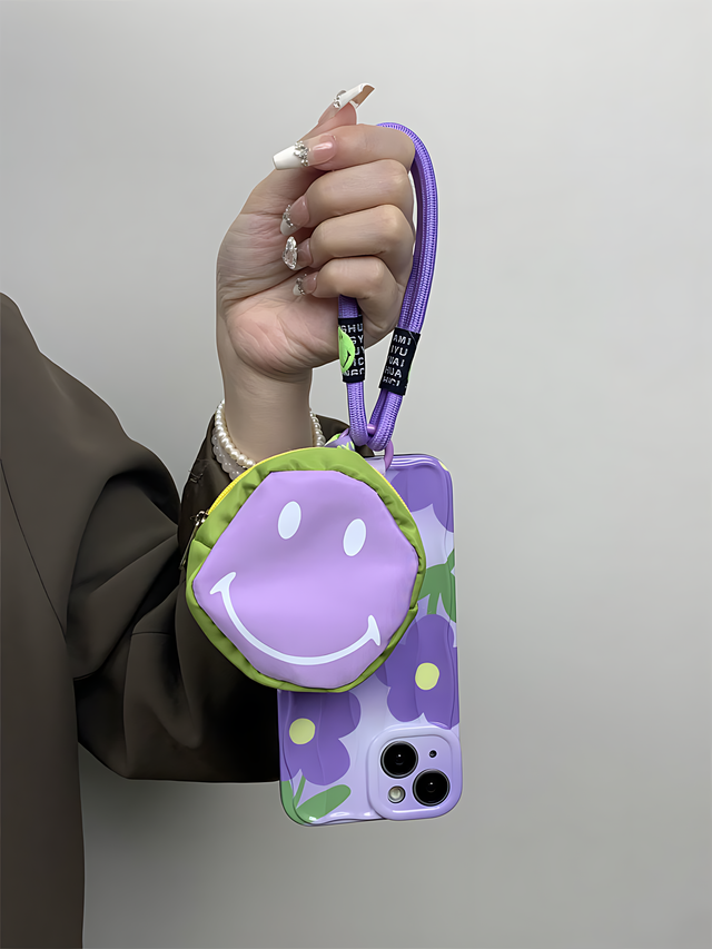 Purple Floral Wavy with Smiley Face Round Bag Crossbody Lanyard