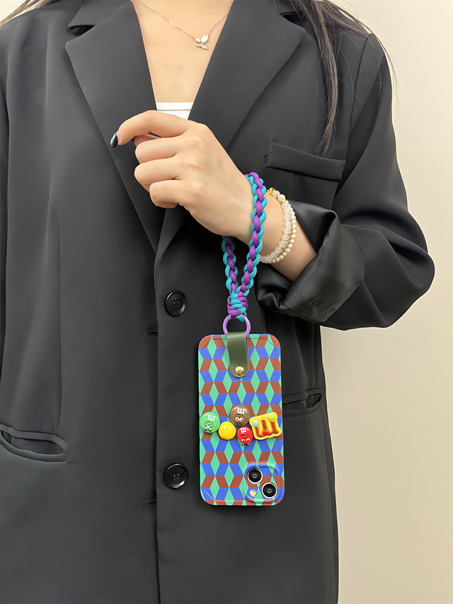 Retro Geometric with M&M Charm Handwoven Hand Strap and Crossbody Lanyard