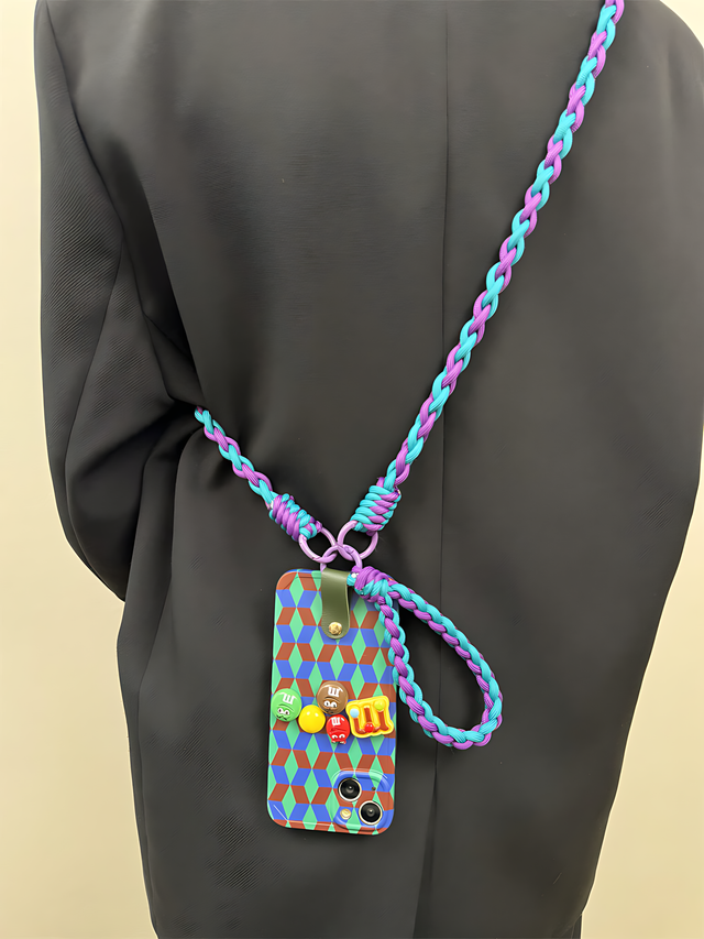 Retro Geometric with M&M Charm Handwoven Hand Strap and Crossbody Lanyard