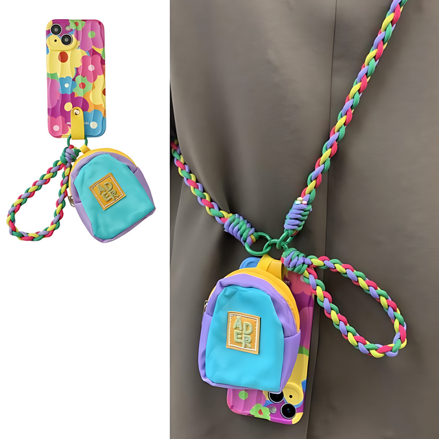 Colorful Graffiti Flower with Blue Pouch Braided Hand Strap Lanyard