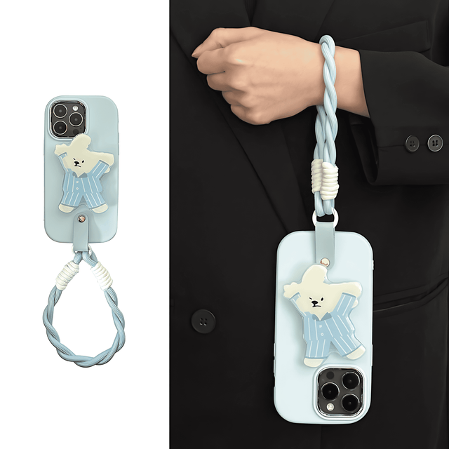 Ice Blue Silicone Case with Pajama Bear Stand and Twisted Lanyard