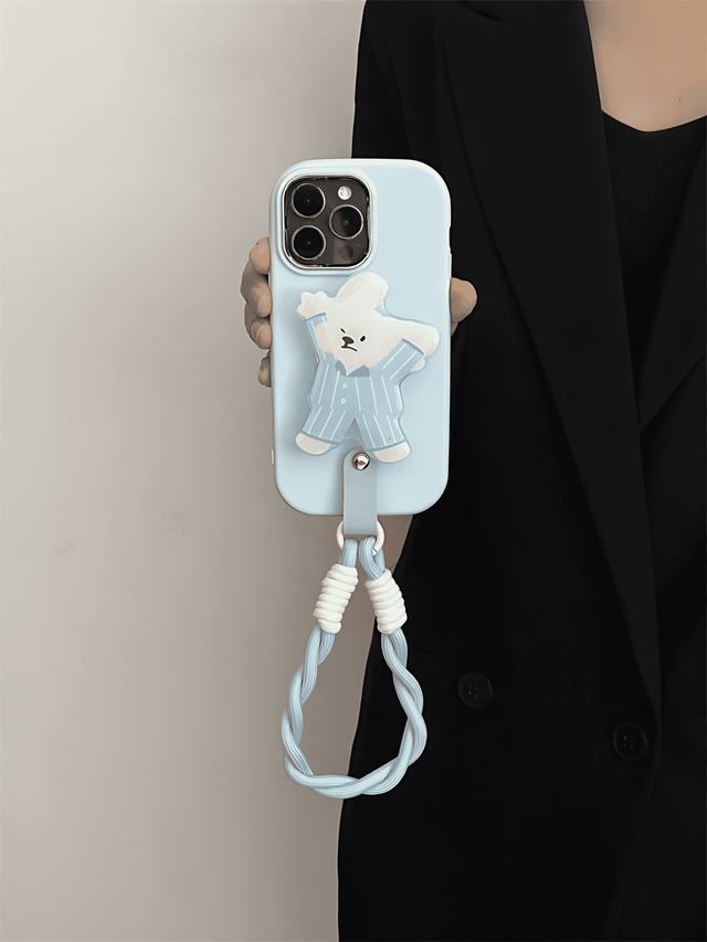 Ice Blue Silicone Case with Pajama Bear Stand and Twisted Lanyard