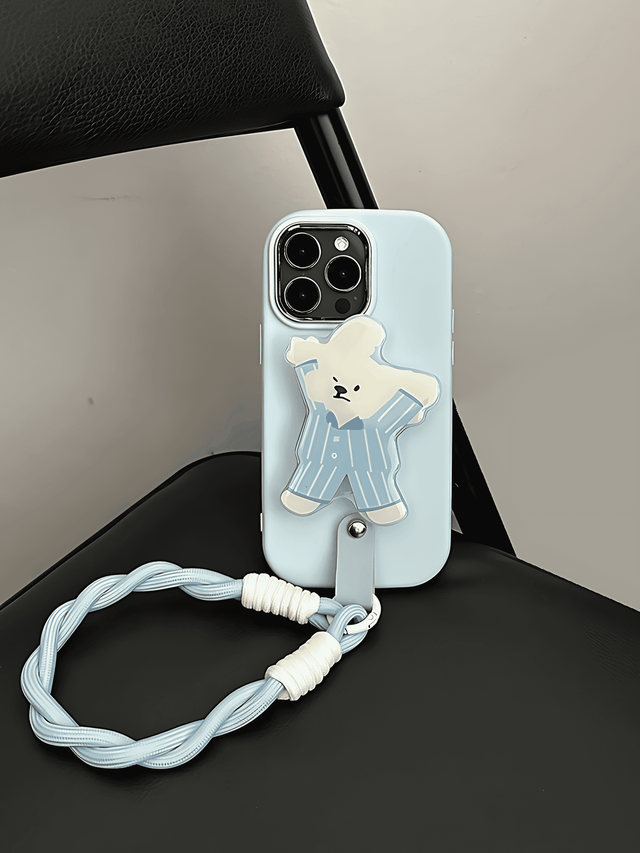 Ice Blue Silicone Case with Pajama Bear Stand and Twisted Lanyard