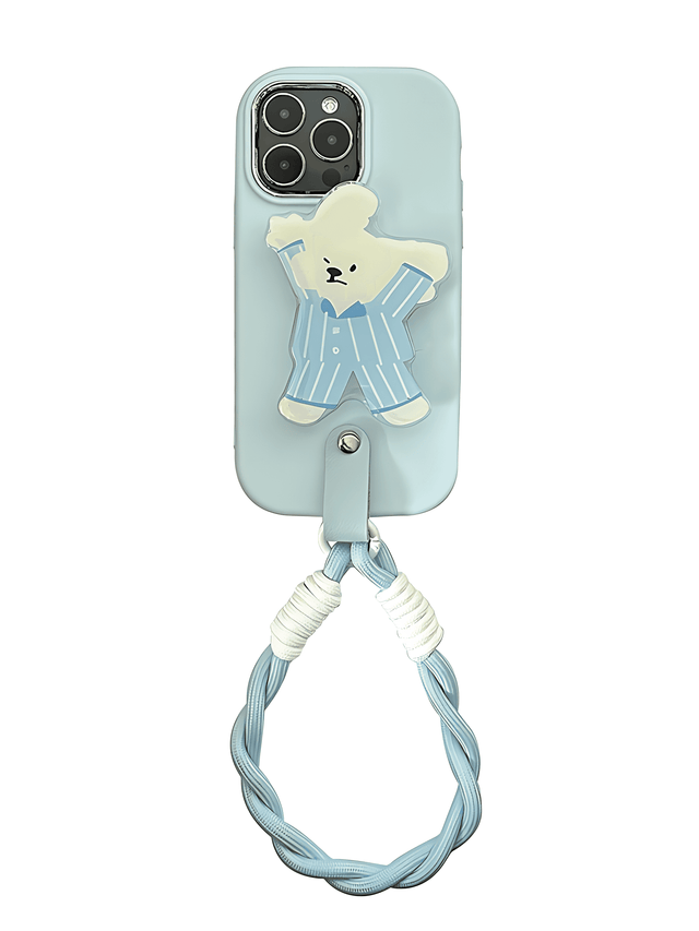 Ice Blue Silicone Case with Pajama Bear Stand and Twisted Lanyard