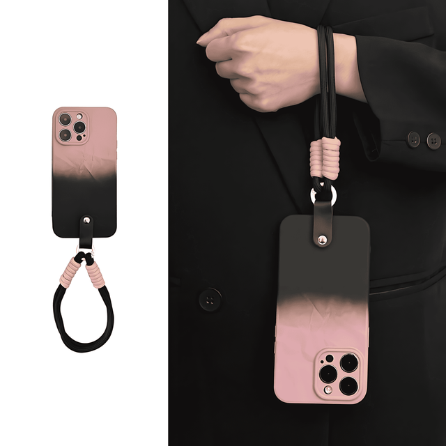 Black and Pink Gradient Silicone Case with Wrinkle Texture and Lanyard