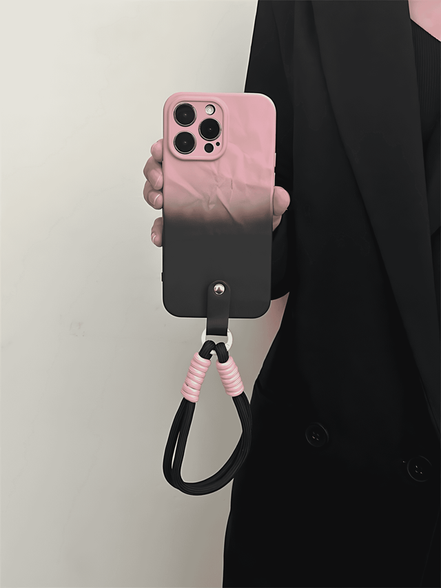 Black and Pink Gradient Silicone Case with Wrinkle Texture and Lanyard