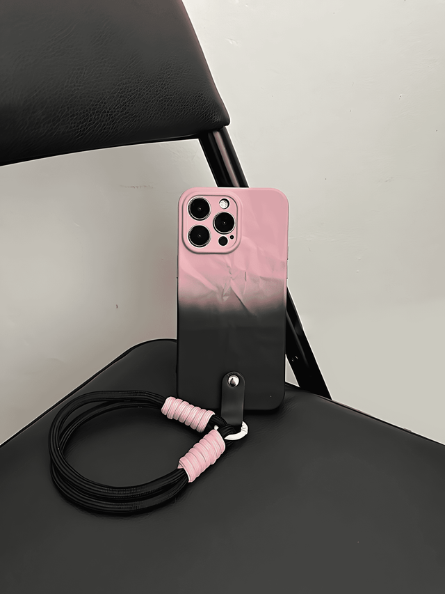 Black and Pink Gradient Silicone Case with Wrinkle Texture and Lanyard