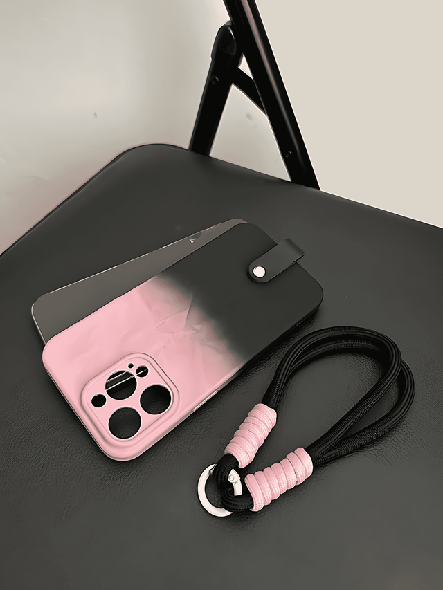 Black and Pink Gradient Silicone Case with Wrinkle Texture and Lanyard