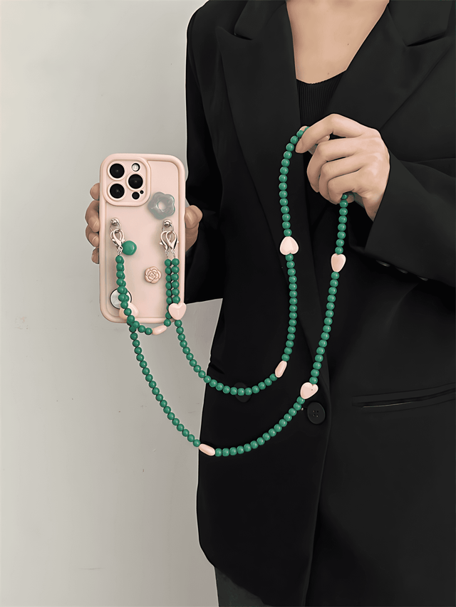 Elegant Geometric Case with Jade Bead Hand Strap Pearl Crossbody Chain Lanyard