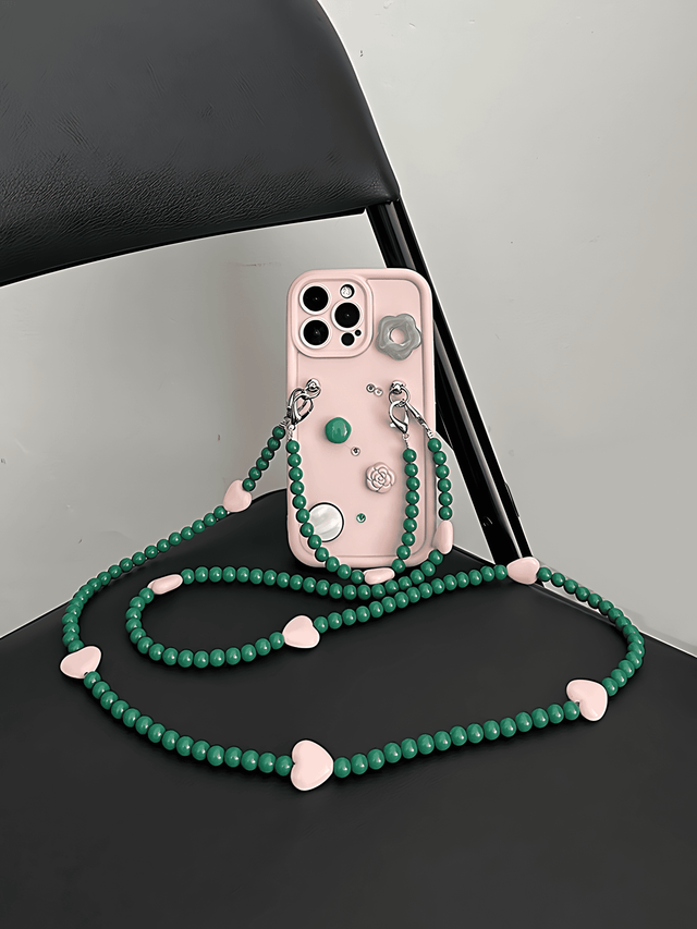 Elegant Geometric Case with Jade Bead Hand Strap Pearl Crossbody Chain Lanyard