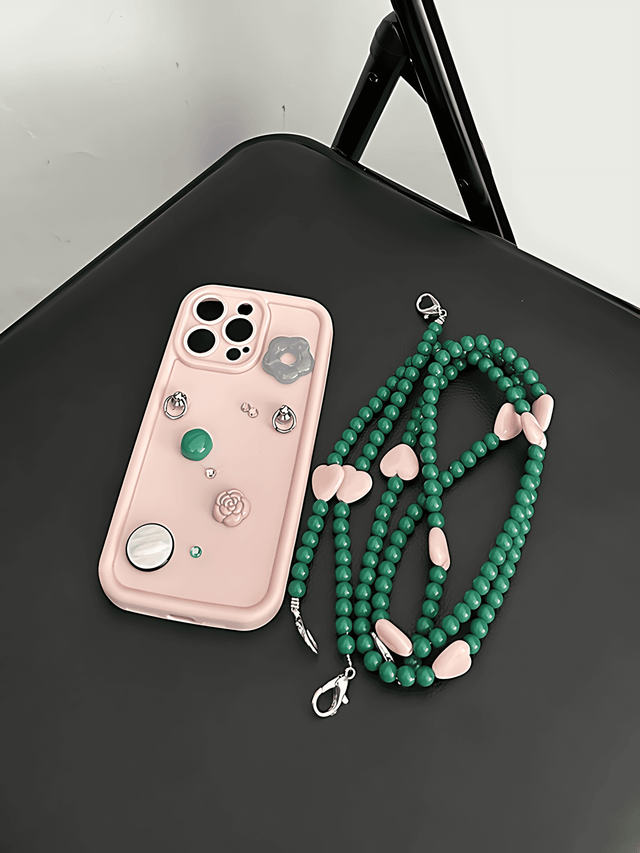 Elegant Geometric Case with Jade Bead Hand Strap Pearl Crossbody Chain Lanyard