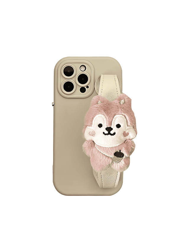 Cute Beige Silicone Case with Pink Squirrel Wrist Strap and Crossbody Lanyard