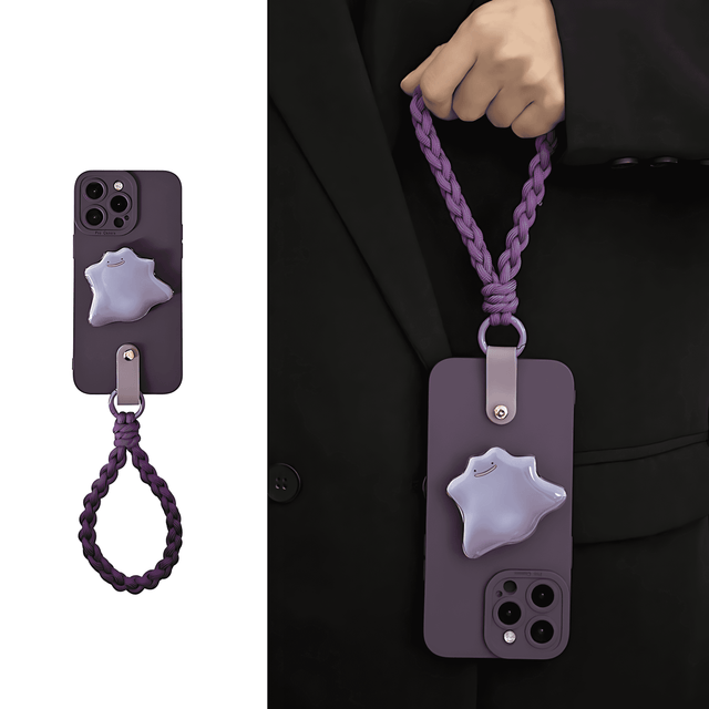 Dark Purple Silicone Case with Pokémon Ditto Stand Braided Hand Strap Lanyard