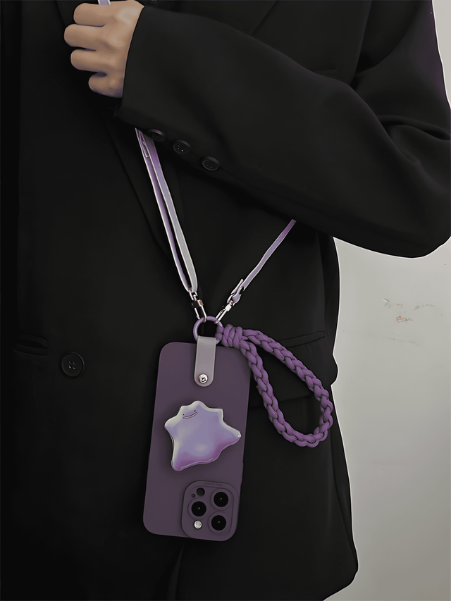 Dark Purple Silicone Case with Pokémon Ditto Stand Braided Hand Strap Lanyard