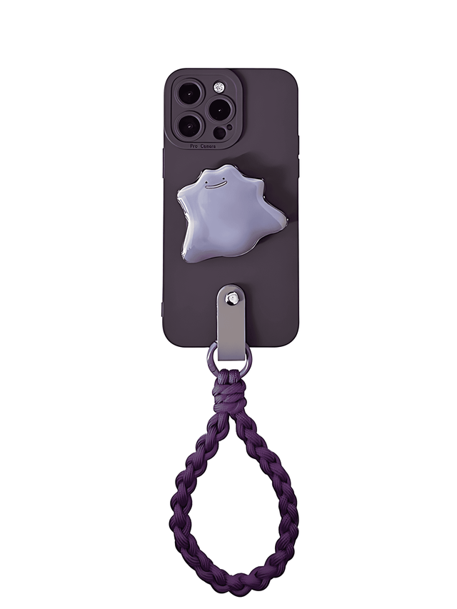 Dunkelviolette Silikonhülle mit Pokémon Ditto Stand geflochtenem Handschlaufe Lanyard