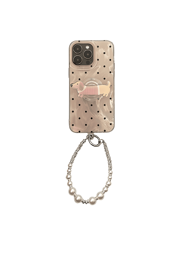 Pink and Black Polka Dot Case with Dachshund Stand Pearl Chain Lanyard