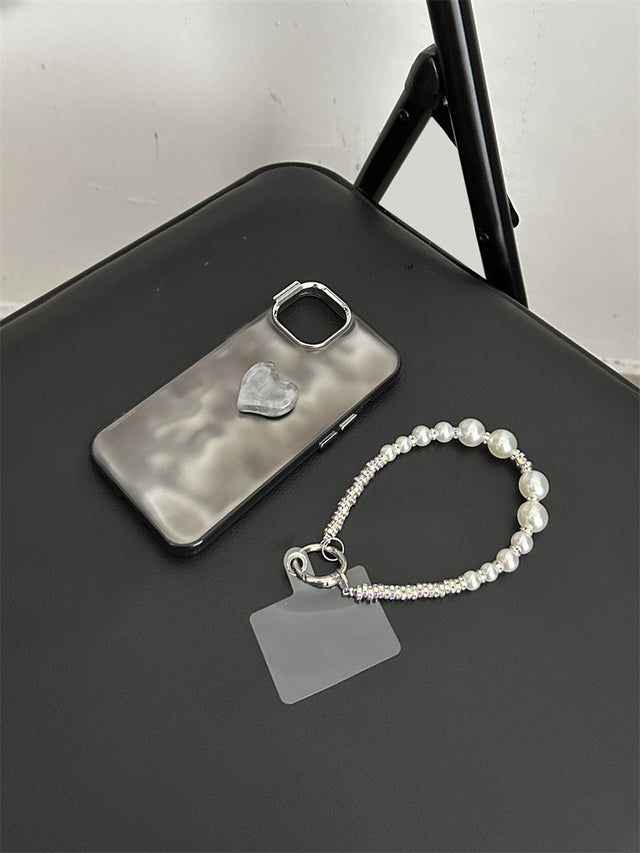 Dark Gray Wave Pattern Case with Small Heart Decoration Pearl Lanyard