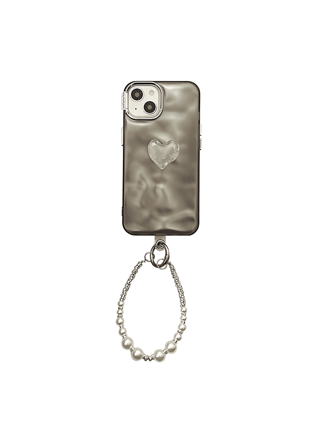 Dark Gray Wave Pattern Case with Small Heart Decoration Pearl Lanyard