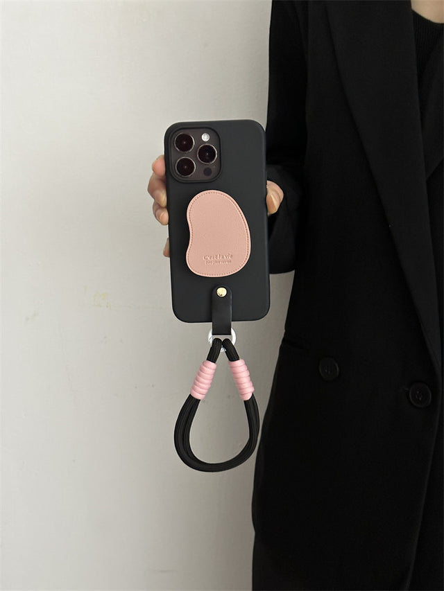 Matte Black Silicone Case with Pink Leather Stand and Wrist Strap