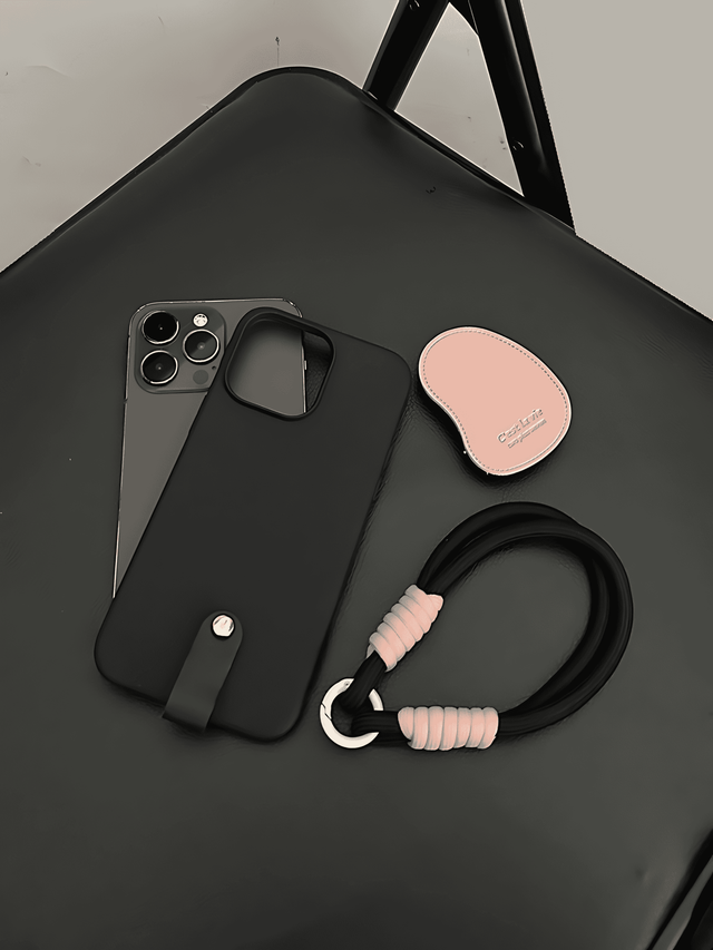 Matte Black Silicone Case with Pink Leather Stand and Wrist Strap