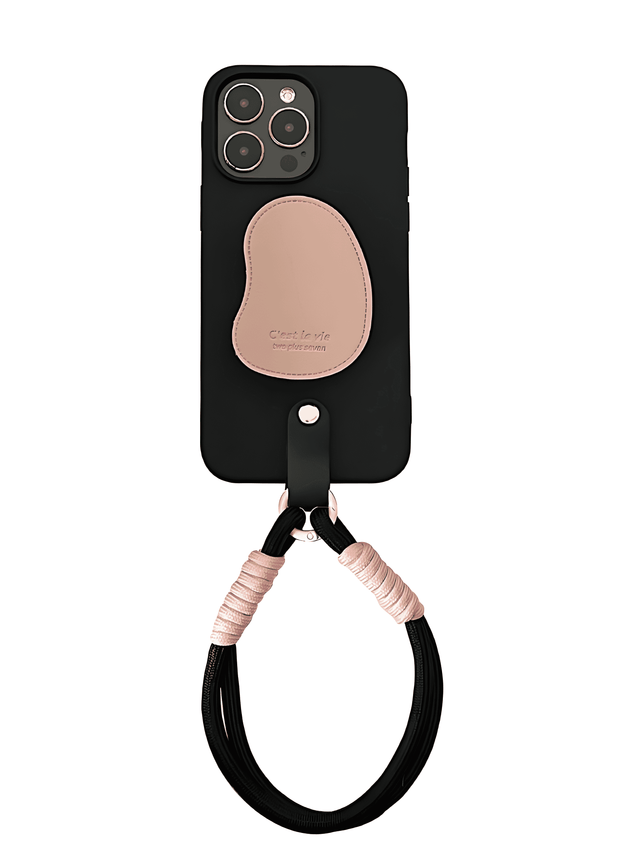 Matte Black Silicone Case with Pink Leather Stand and Wrist Strap