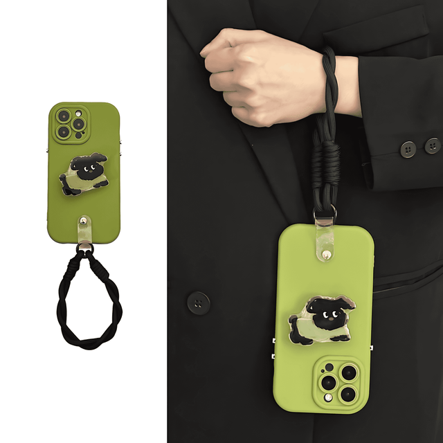 Mustard Green Silicone Case with Cartoon Dog Stand and Braided Strap