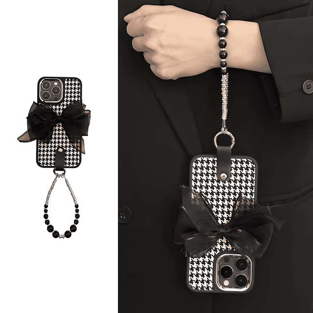 Houndstooth Silicone Case with Sheer Bow and Black Beaded Hand Strap