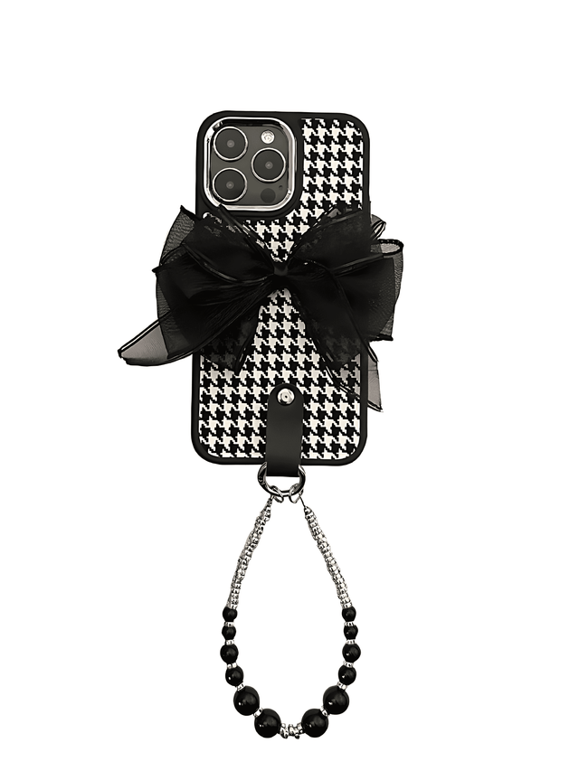 Houndstooth Silicone Case with Sheer Bow and Black Beaded Hand Strap