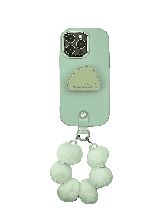 Mint Green Case with Half-Moon Leather Stand Fluffy Pom-Pom Hand Strap